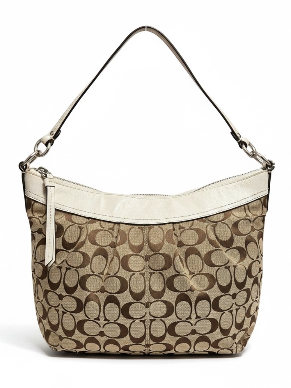 Coach Brown Signature Canvas Shoulder Bag with Chalk Trim and Crossbody Strap
